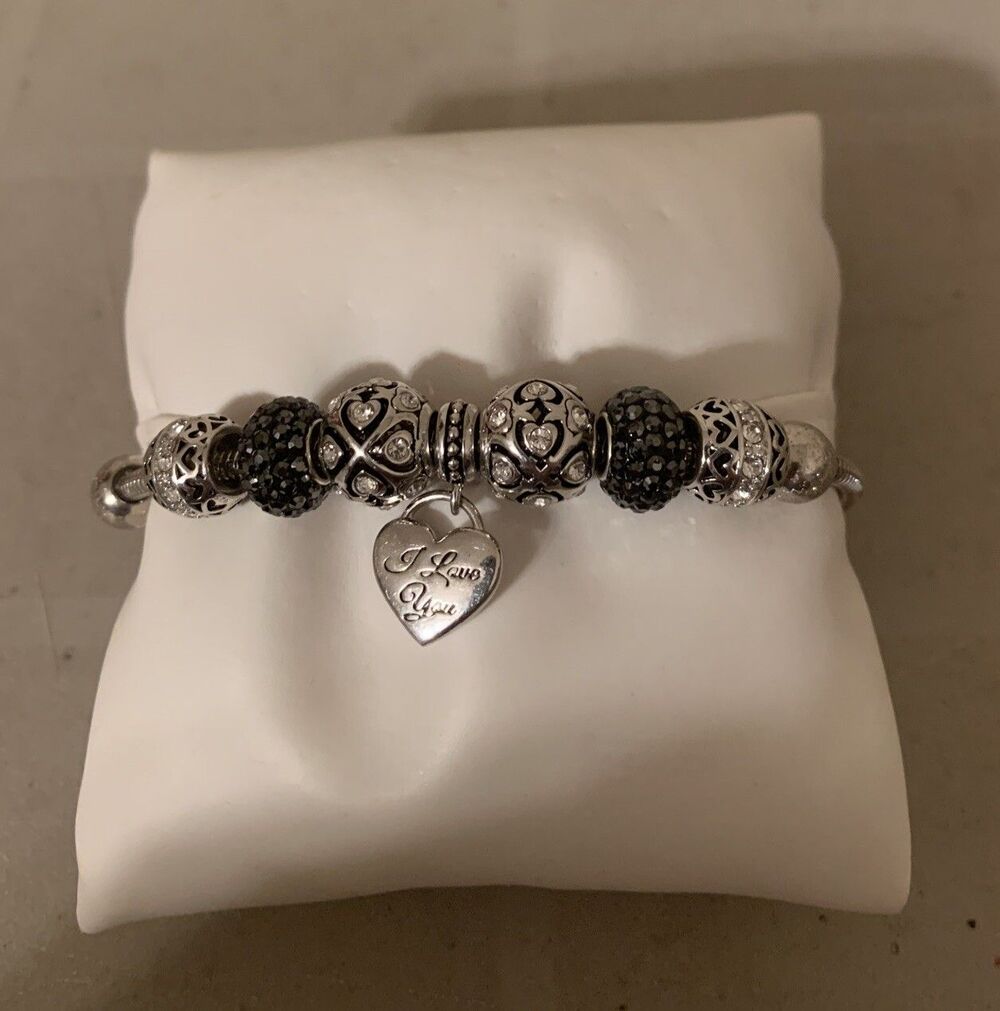 Sterling Silver Charm Bracelet I Love You Womens 8.5” Black Silver Beaded Charms
